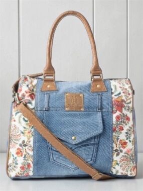 🆕 Myra Bag - Crimson Glade Tote Bag - Denim - Floral -Tan Leather Trim - Upcycle
